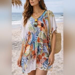 Violet Sky Tropical Kaftan Tunic Parrot Floral Boho Beach Cover Up Pom Pom
